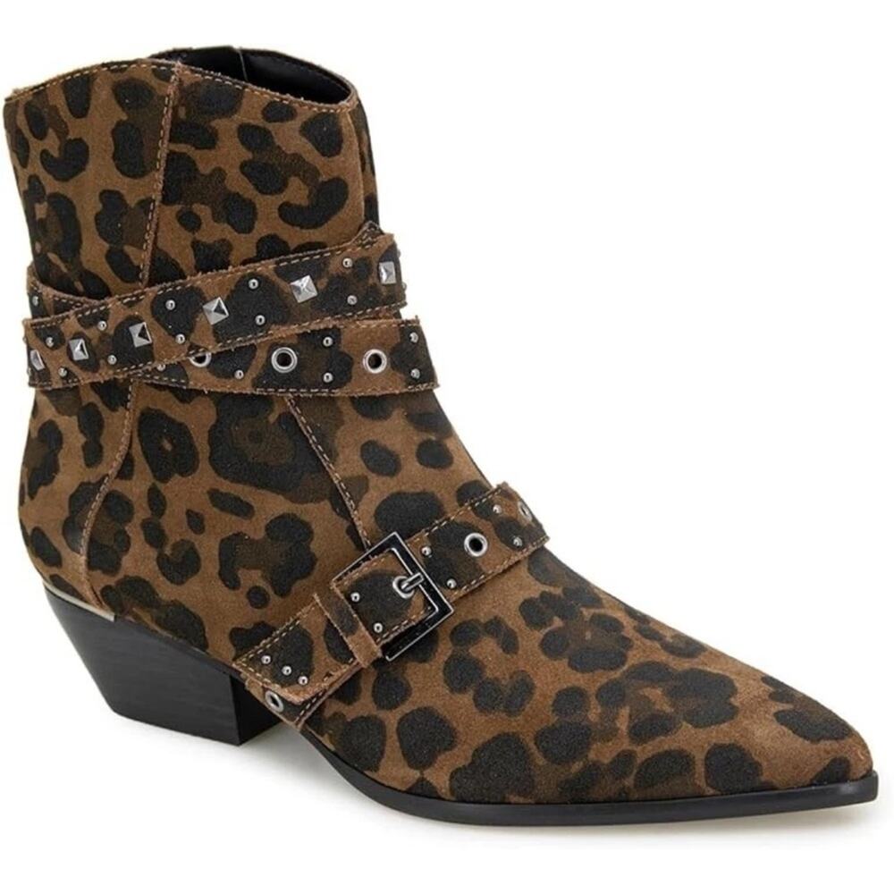 Kenneth Cole Cheyenne Stud Leaopard Suede Ankle booties brown black - 9
